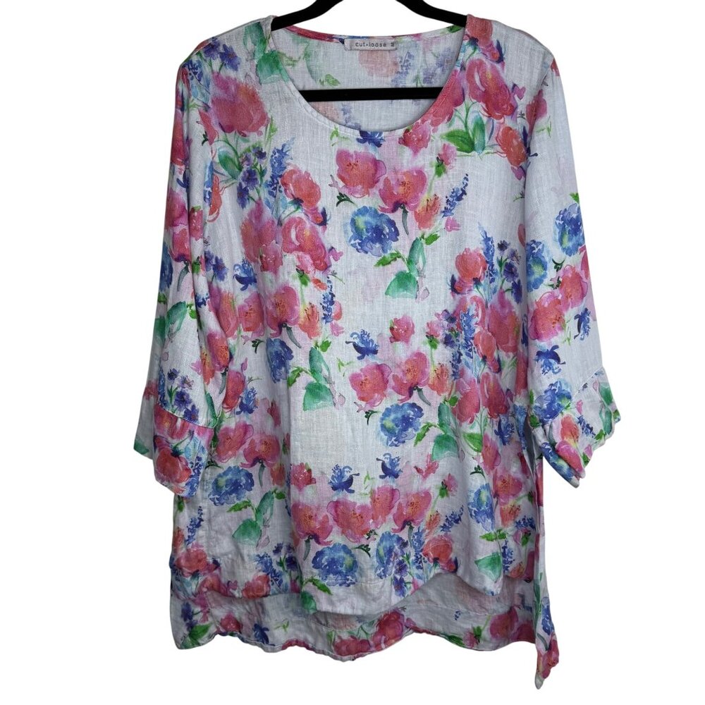 Cut Loose Blue Pink Floral 100% Linen Tunic Top 3/4 Sleeve HighLow Lagenlook SzM